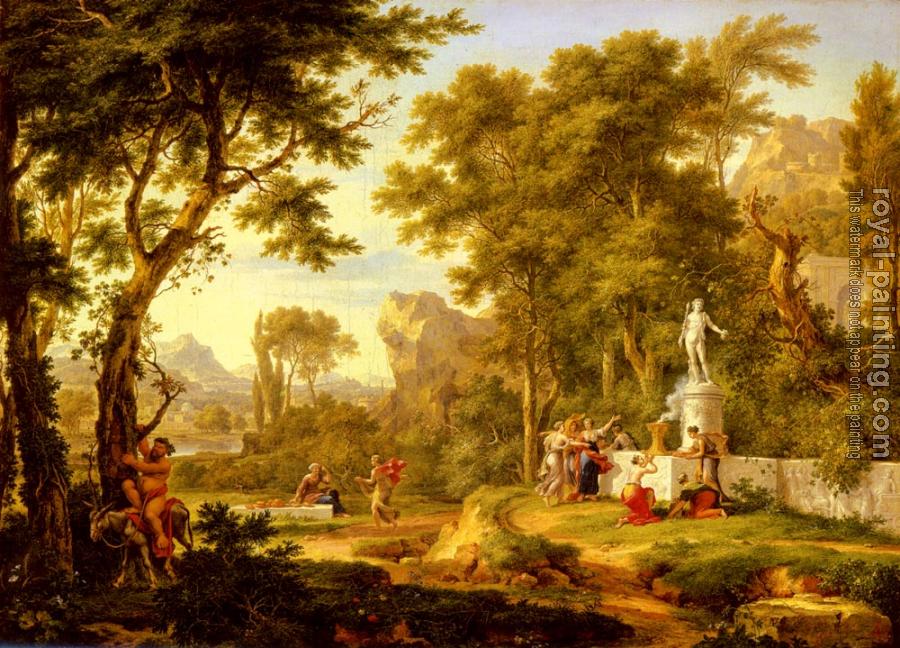 Jan Van Huysum : A classical landscape with the Worship of Bacchus